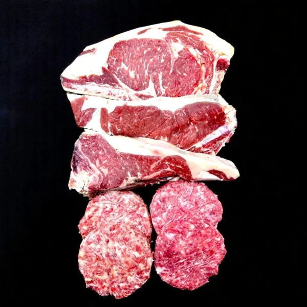 Comprar pack de carne premium para barbacoa de 6 personas: chuletón, entrecot y hamburguesas
