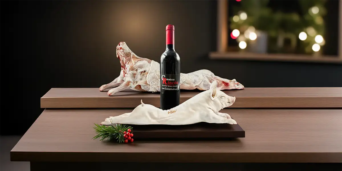 Pack de lechazo y cochinillo con vino para Navidad, ideal para asar en casa
