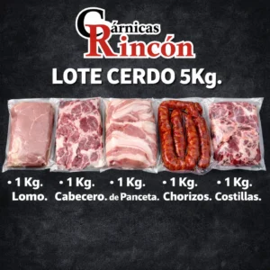 Lote de cerdo 5 kg con lomo, cabecero, panceta, chorizos y costillas envasados al vacío